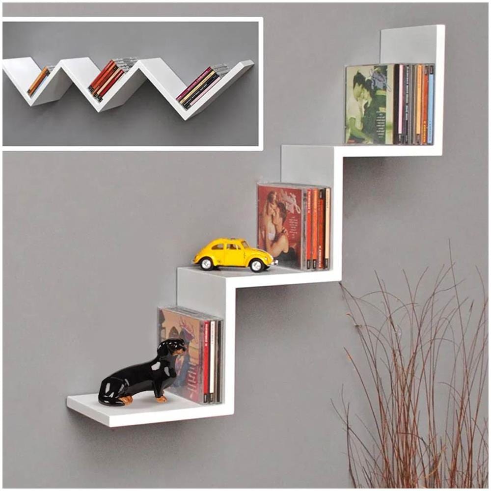 Mensola Parete Moderna Design Zig Zag Mensole Muro Scaffale 3 Ripiani Bianco - Foto 1