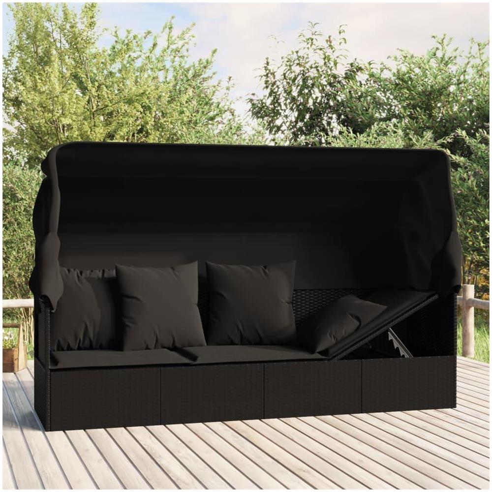 Lettino Prendisole Esterno con Tetto e Cuscini Nero Polyrattan - Foto 2
