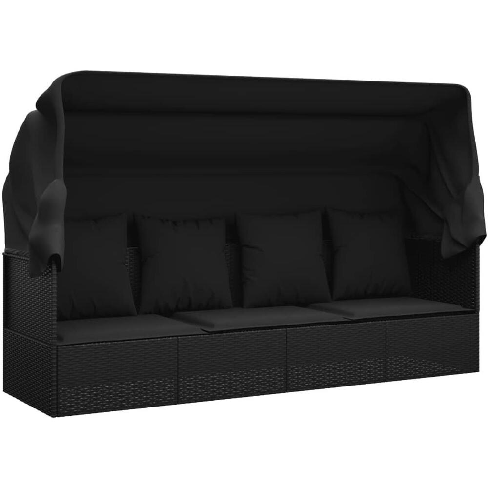 Lettino Prendisole Esterno con Tetto e Cuscini Nero Polyrattan - Foto 1