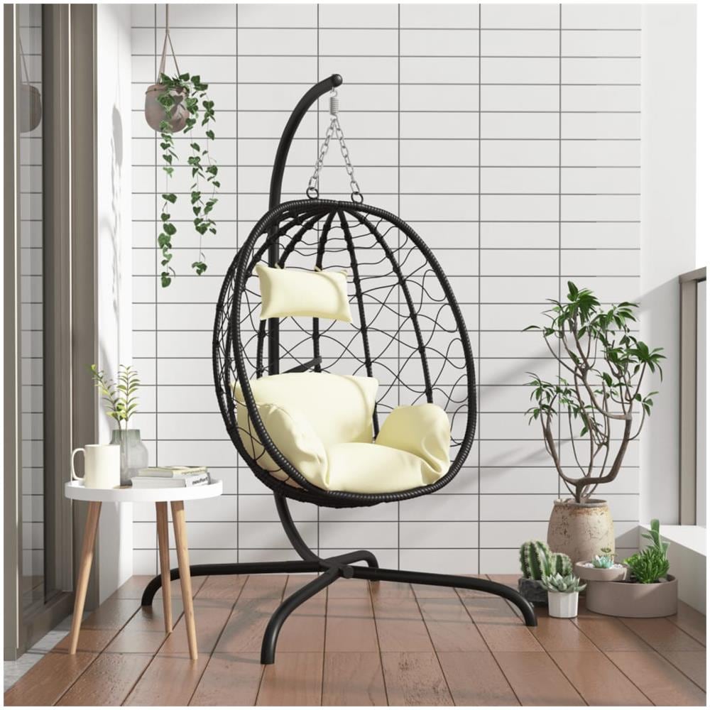 Sedia Uovo Sospesa Con Cuscino Bianco Crema Polyrattan Acciaio - Foto 1