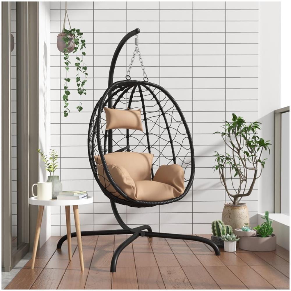 Sedia A Uovo Sospesa Con Cuscino Tortora Polyrattan E Acciaio - Foto 1