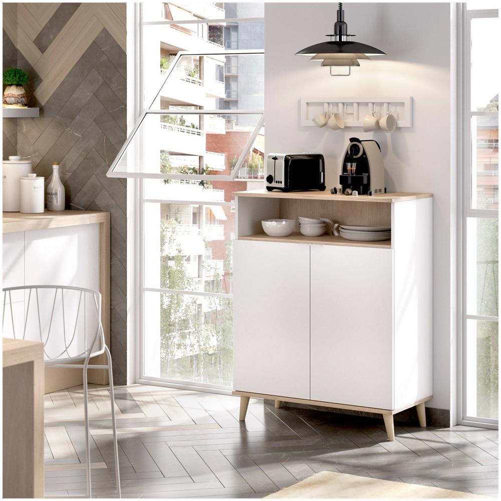 Credenza Varatella, Buffet Dispensa Da Soggiorno, Madia Da Salotto Moderna A 2 Ante, 80x40h102 Cm, Bianco E Rovere - Foto 1