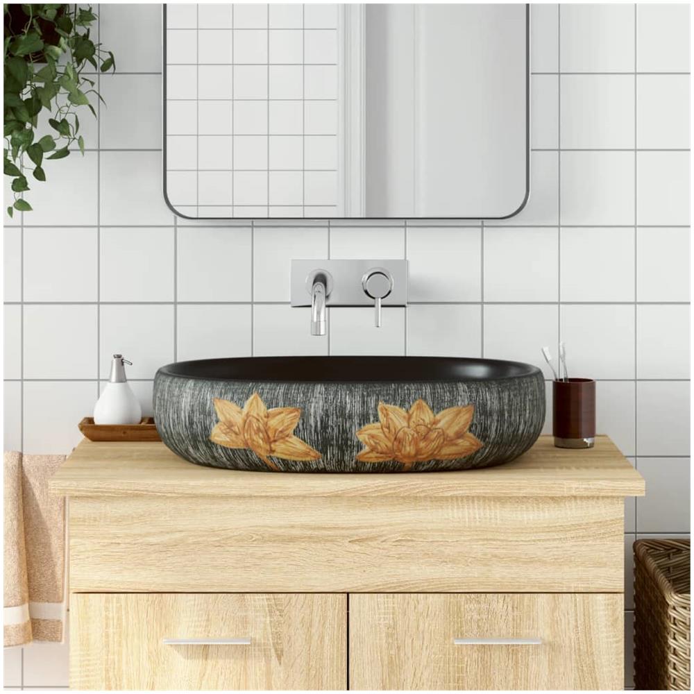 Lavabo Da Appoggio Grigio E Nero Ovale 59x40x14 Cm Ceramica - Foto 1
