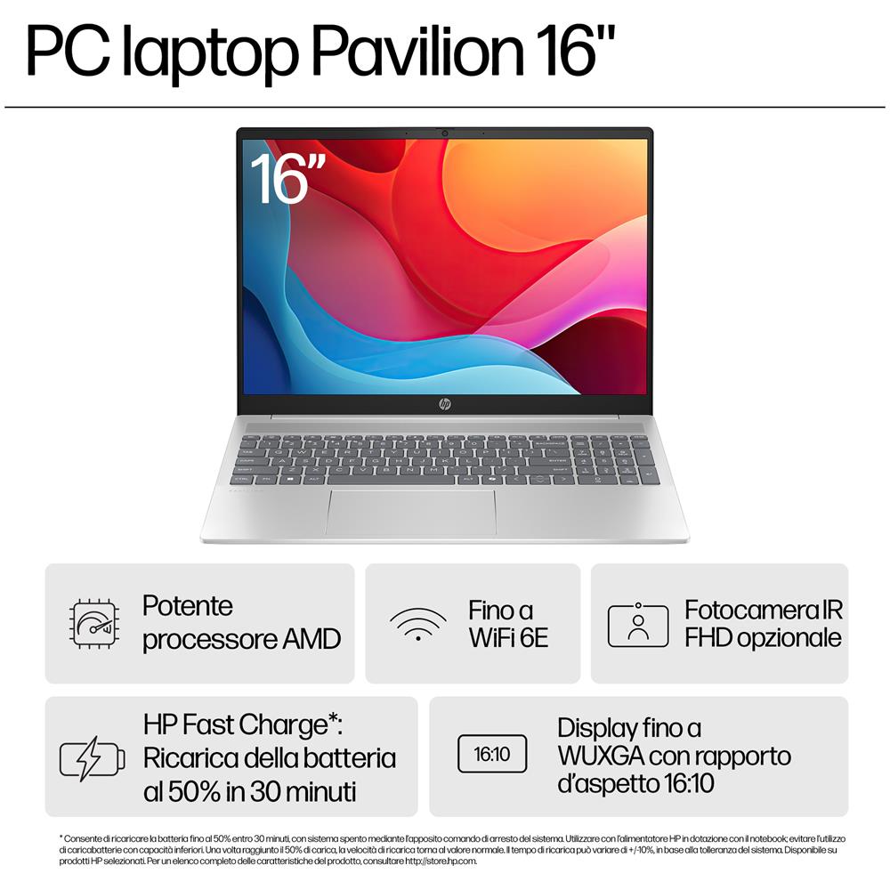 Pavilion AMD Ryzen™ 5 8540U Portatile 16" 2K 16 GB LPDDR5-SDRAM 512 GB SSD Wi-Fi 6 (802.11ax) Windows 11 Home Argento 16-ag0006nl - Foto 10