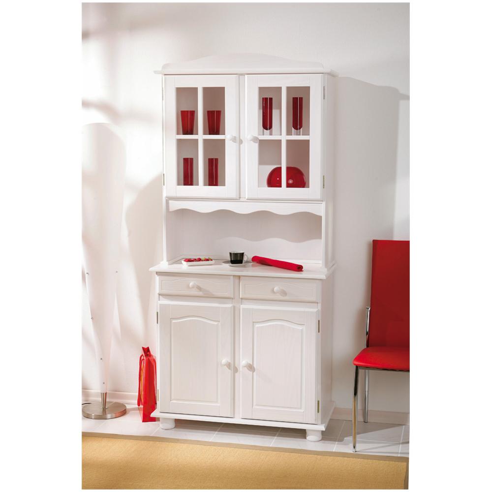 Mobiletto Cristalliera In Legno Pino Massello Finitura Bianco, Con 2 Ante, 2 Porte E 2 Cassetti - Foto 2