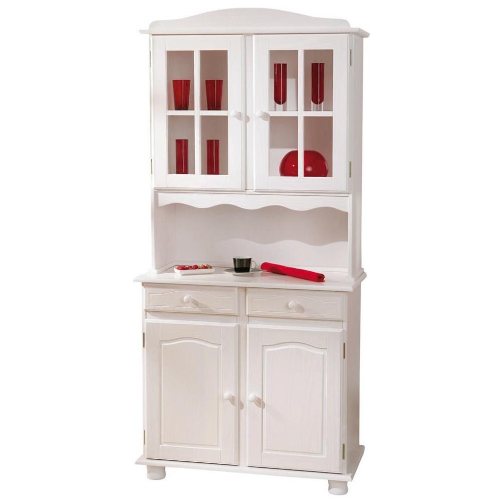 Mobiletto Cristalliera In Legno Pino Massello Finitura Bianco, Con 2 Ante, 2 Porte E 2 Cassetti - Foto 4