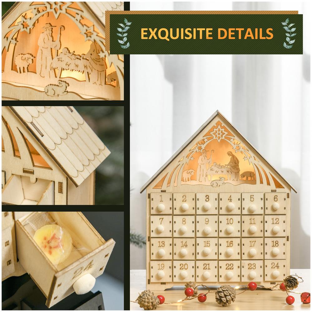 Calendario Dell'avvento In Legno Con 24 Cassetti E Presepe Intagliato 26.6x6x30cm - Legno - Foto 2