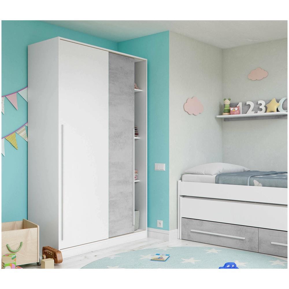 Guardaroba Downey, Armadio Per Camera Da Letto A 2 Ante Scorrevoli, Mobile Con Barra Appendiabiti E 3 Ripiani, 120x50h200 Cm, Cemento E Bianco - Foto 1