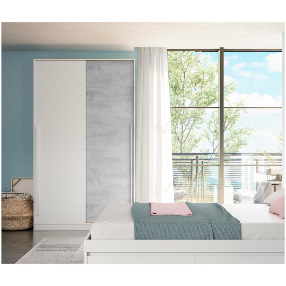 Guardaroba Downey, Armadio Per Camera Da Letto A 2 Ante Scorrevoli, Mobile Con Barra Appendiabiti E 3 Ripiani, 120x50h200 Cm, Cemento E Bianco - Foto 4