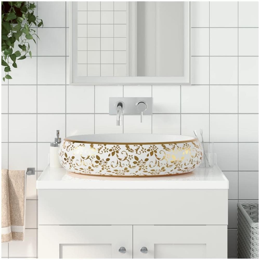 Lavabo Da Appoggio Bianco E Oro Ovale 59x40x15 Cm Ceramica - Foto 1
