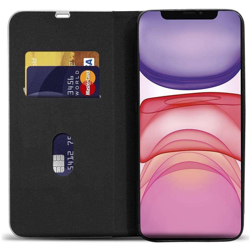 Custodia A Libro Per Iphone 11, Carbonio Nera - Protezione Dei Bordi Metallici Flip Cover Portafoglio Con Appoggio E Porta Carte - Foto 2