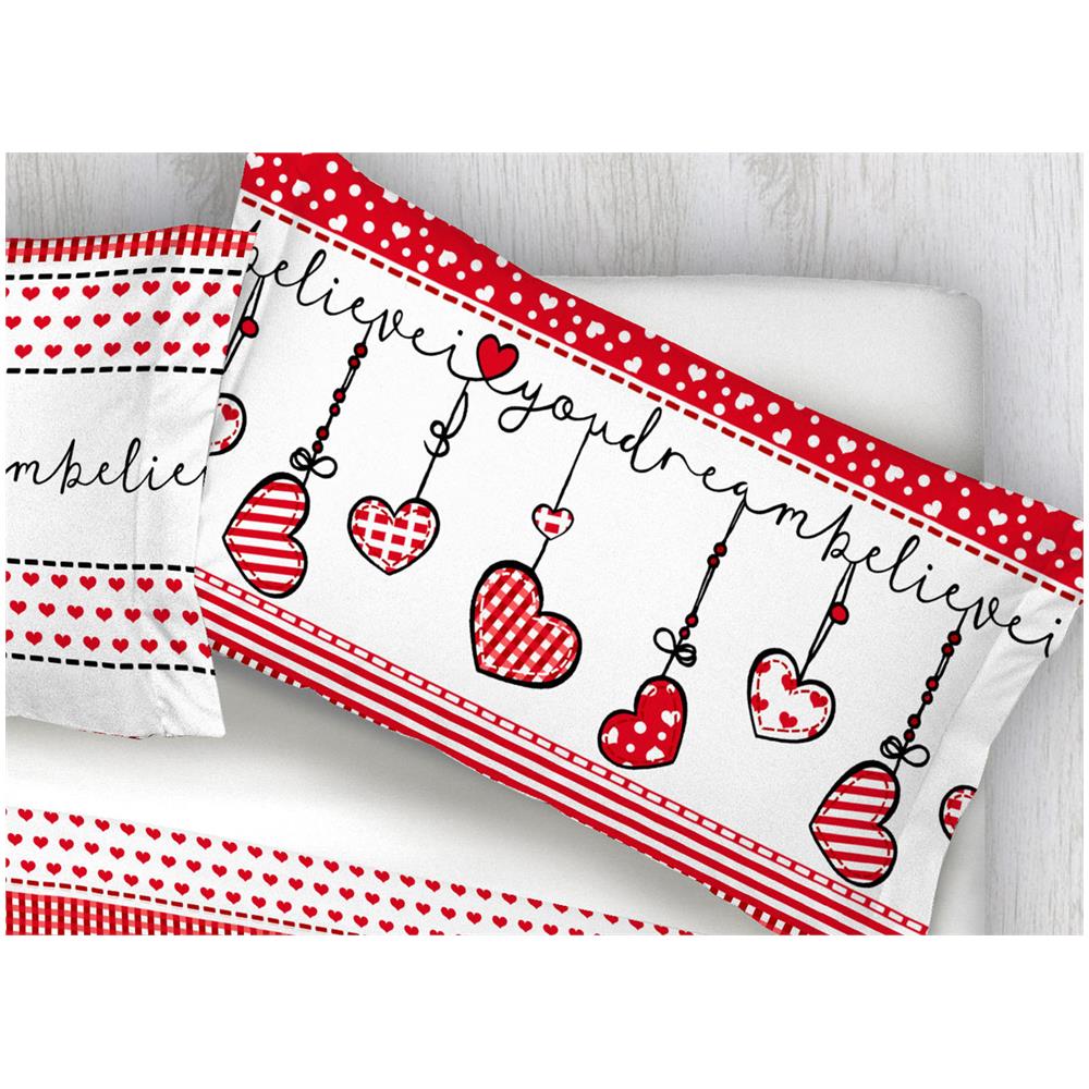 Completo Lenzuola In 100% Cotone Disegni Natalizi Invernali Renne Cuori Ob Matrimoniale Dream Rosso - Foto 2