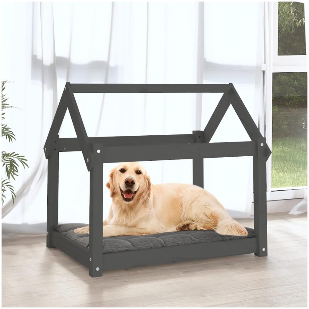 Cuccia per Cani Grigia 81x60x70 cm in Legno Massello di Pino - Foto 2