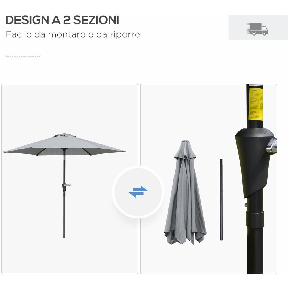 Ombrellone da Giardino Inclinabile 2.3x2m con Apertura a Manovella e 6 Stecche, Grigio - Foto 6