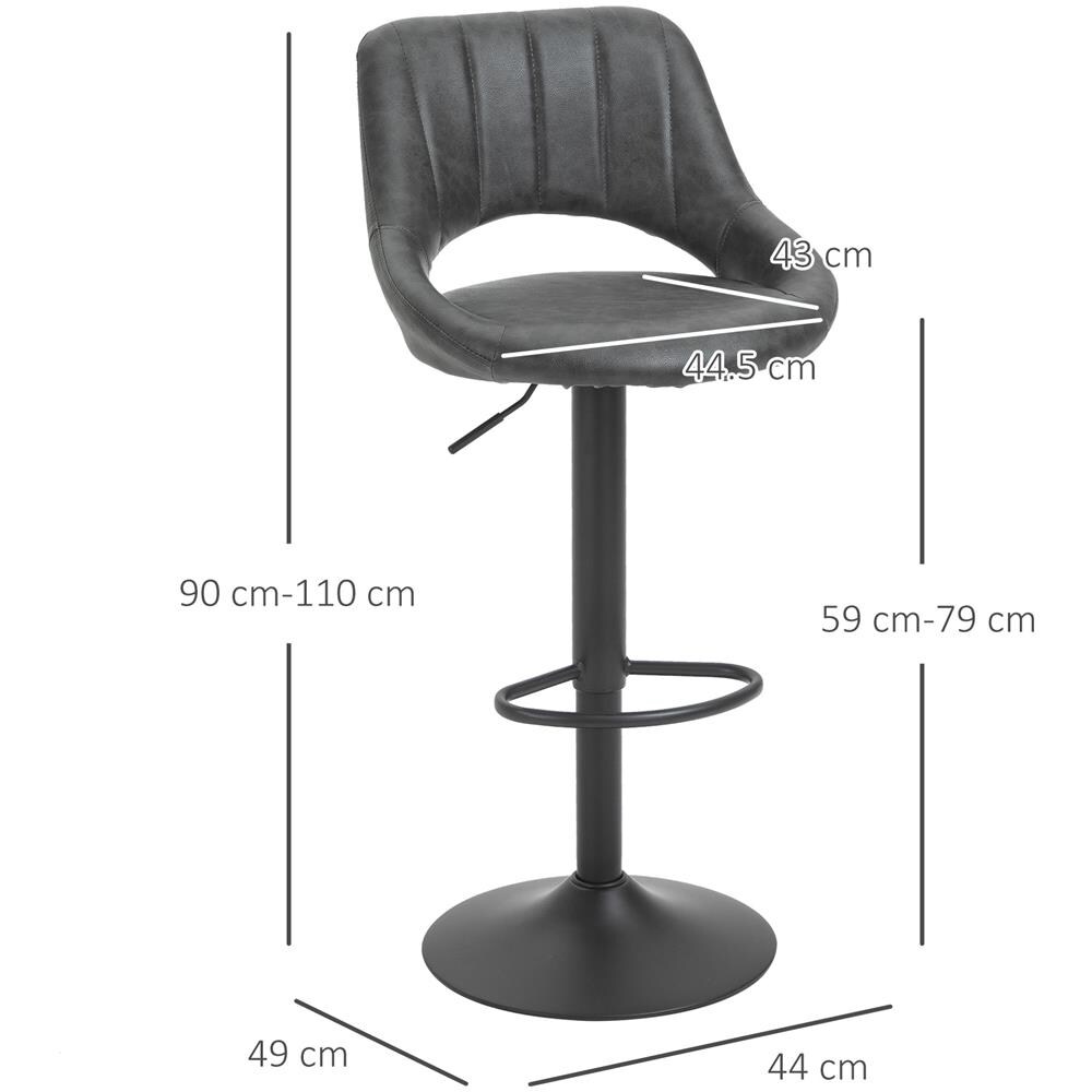 Set 2 Sgabelli Da Bar Con Altezza Regolabile E Poggiapiedi, In Similpelle E Metallo, 44x49x90-110cm Nero - Foto 2