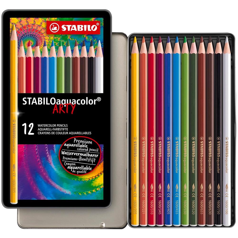 aquacolor - Matita colorata acquarellabile - ARTY - Scatola in Metallo da 12 - Colori assortiti - Foto 1