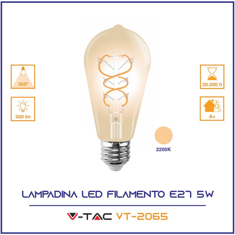 Lampadine Led E27 5w St64 Smd Filamento Bulbo Vintage Ambrata Vt-2065 7218 - Foto 2