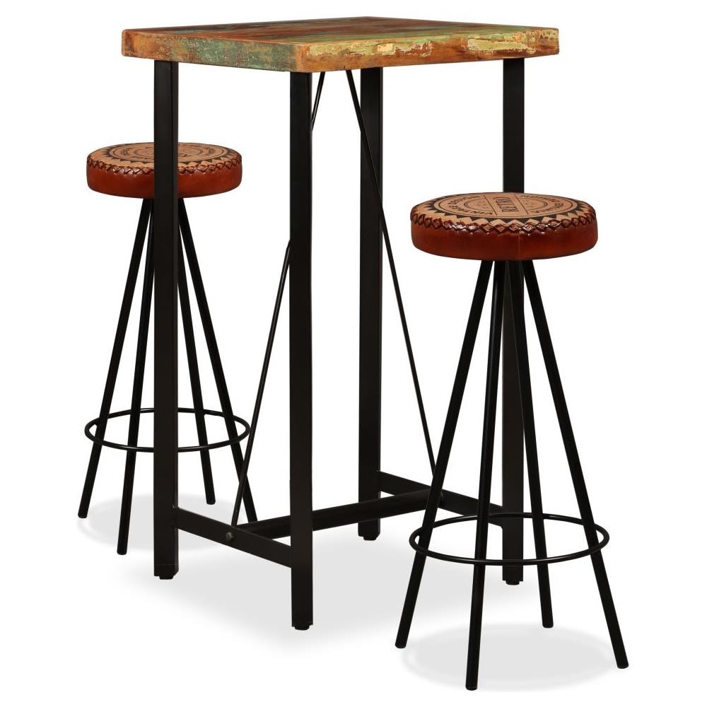 Set Da Bar 3 Pz Legno Massello Di Recupero Vera Pelle E Tessuto - Foto 1
