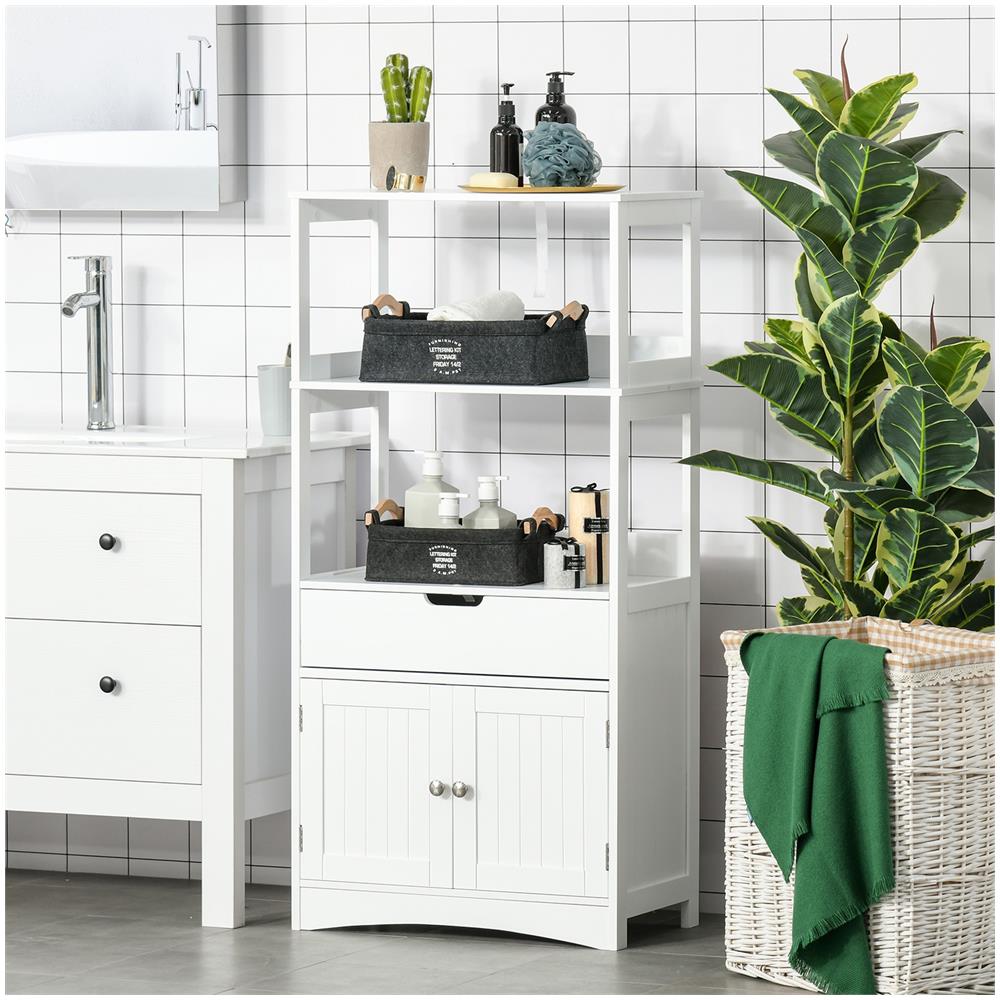 Mobile Bagno Con Mensole, Armadietto E Cassetto, Mobiletto Multiuso In Legno, Bianco, 60x33x122.5cm - Foto 8