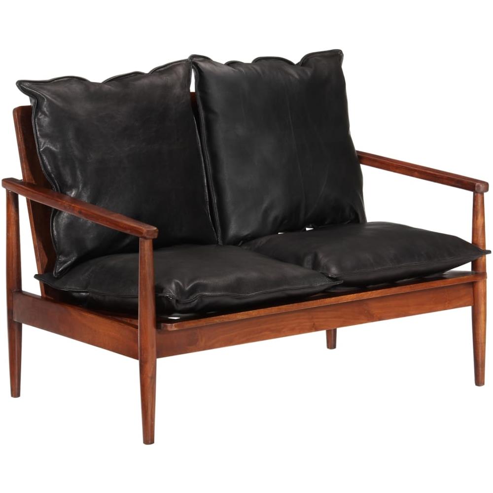 Divano 2 Posti Nero Vera Pelle E Legno Massello Acacia - Foto 1