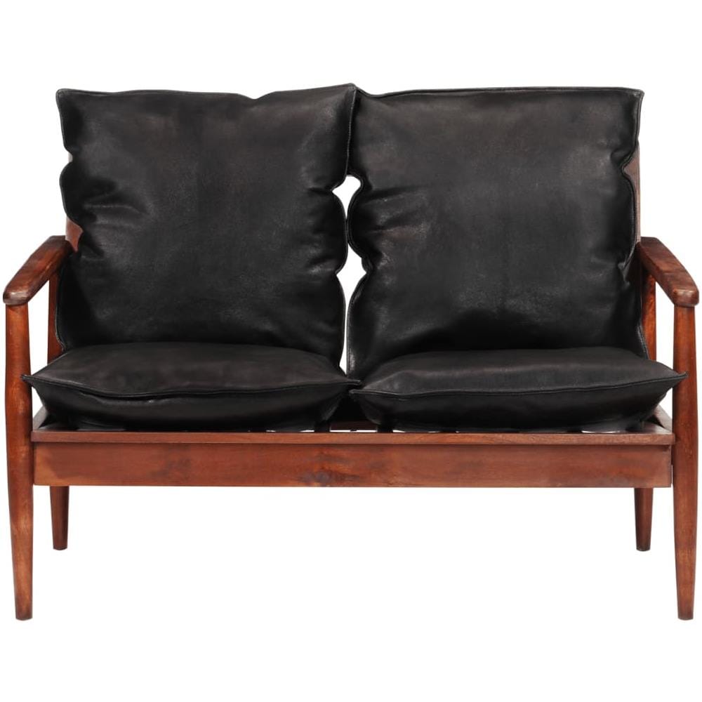 Divano 2 Posti Nero Vera Pelle E Legno Massello Acacia - Foto 2