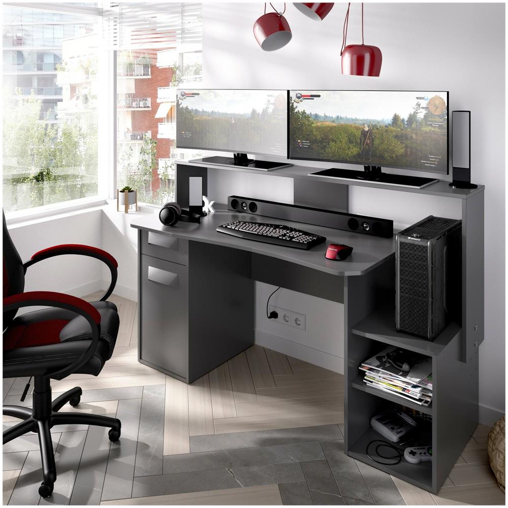 Scrivania Manos, Scrittoio Multifunzione Moderno Da Gaming, Tavolo Da Studio Porta Pc E Porta Cd, 154x69h98 Cm, Antracite, Senza Luci Led - Foto 4