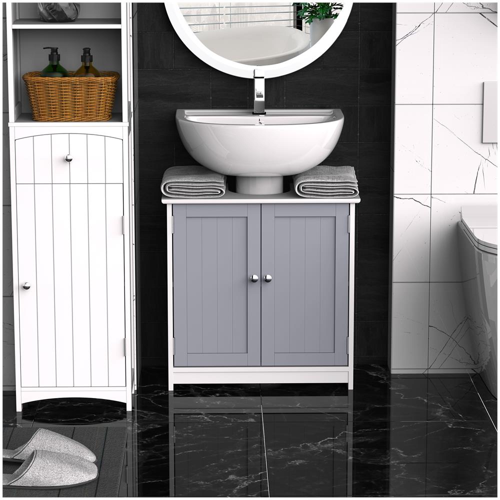 Mobile Sotto Lavabo Bagno Con Taglio A U, Armadietto 2 Ante Con Mensola Regolabile In Mdf, 60x30x60cm Bianco Grigio - Foto 2