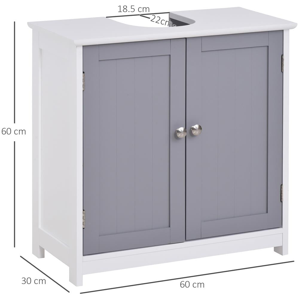 Mobile Sotto Lavabo Bagno Con Taglio A U, Armadietto 2 Ante Con Mensola Regolabile In Mdf, 60x30x60cm Bianco Grigio - Foto 3
