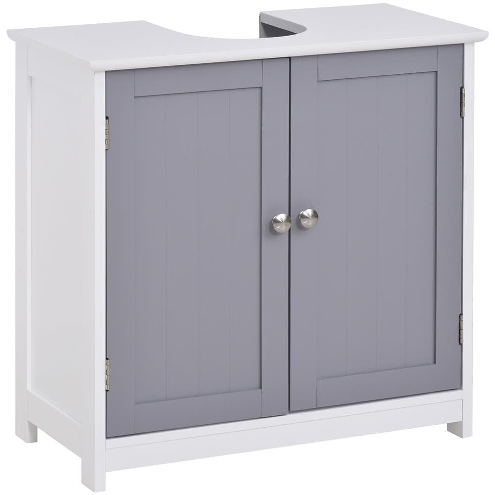 Mobile Sotto Lavabo Bagno Con Taglio A U, Armadietto 2 Ante Con Mensola Regolabile In Mdf, 60x30x60cm Bianco Grigio - Foto 1