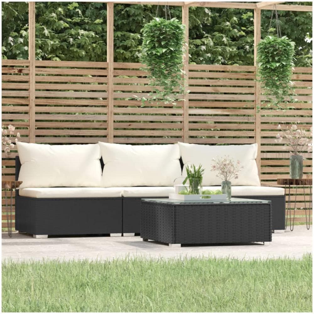 Set Divani Da Giardino 4 Pz Con Cuscini In Polyrattan Nero - Foto 1