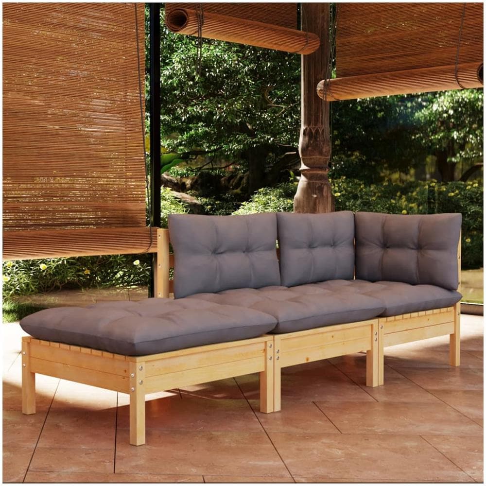 Set Divani da Giardino 3 pz con Cuscini Grigi Massello di Pino - Foto 1