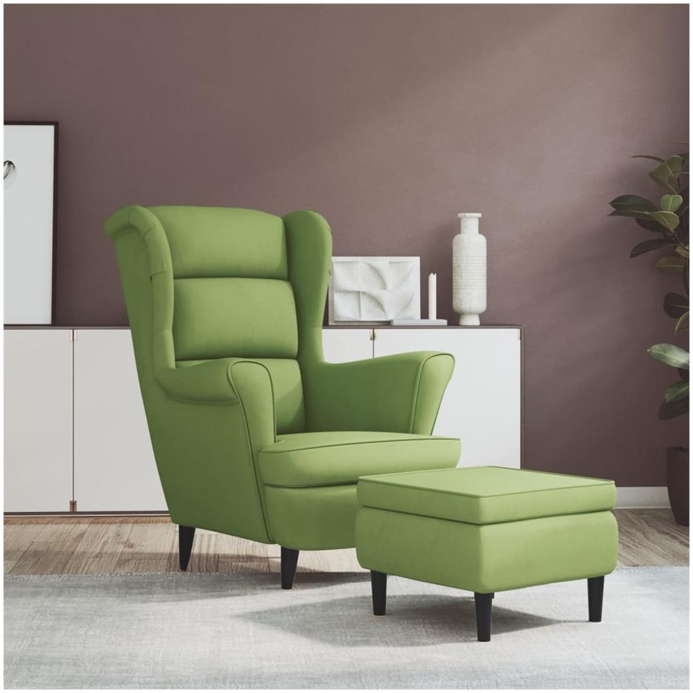 Poltrona Schienale Ad Ala Con Poggiapiedi Verde Chiaro Velluto - Foto 1