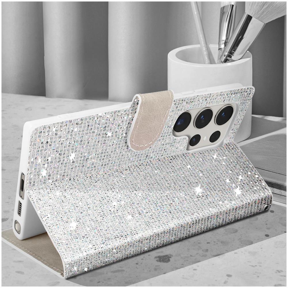 Custodia Per Samsung S23 Ultra Paillette Disco Portafoglio Supporto Argento - Foto 5