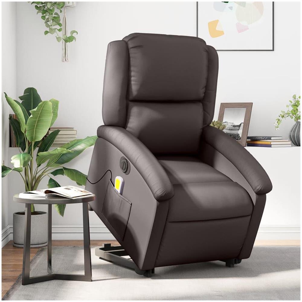 Poltrona a Rialzo Massaggiante Reclinabile Marrone Scuro Pelle - Foto 2