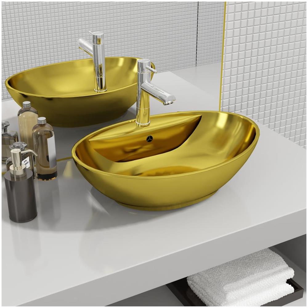 Lavandino Con Troppopieno 58,5x39x21 Cm In Ceramica Oro - Foto 1