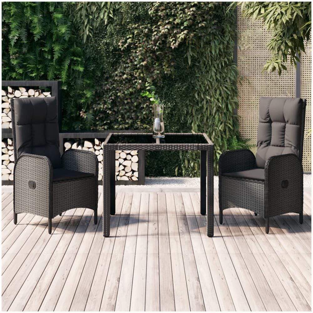 Set Da Pranzo Da Giardino 3 Pz Con Cuscini Nero In Polyrattan - Foto 1