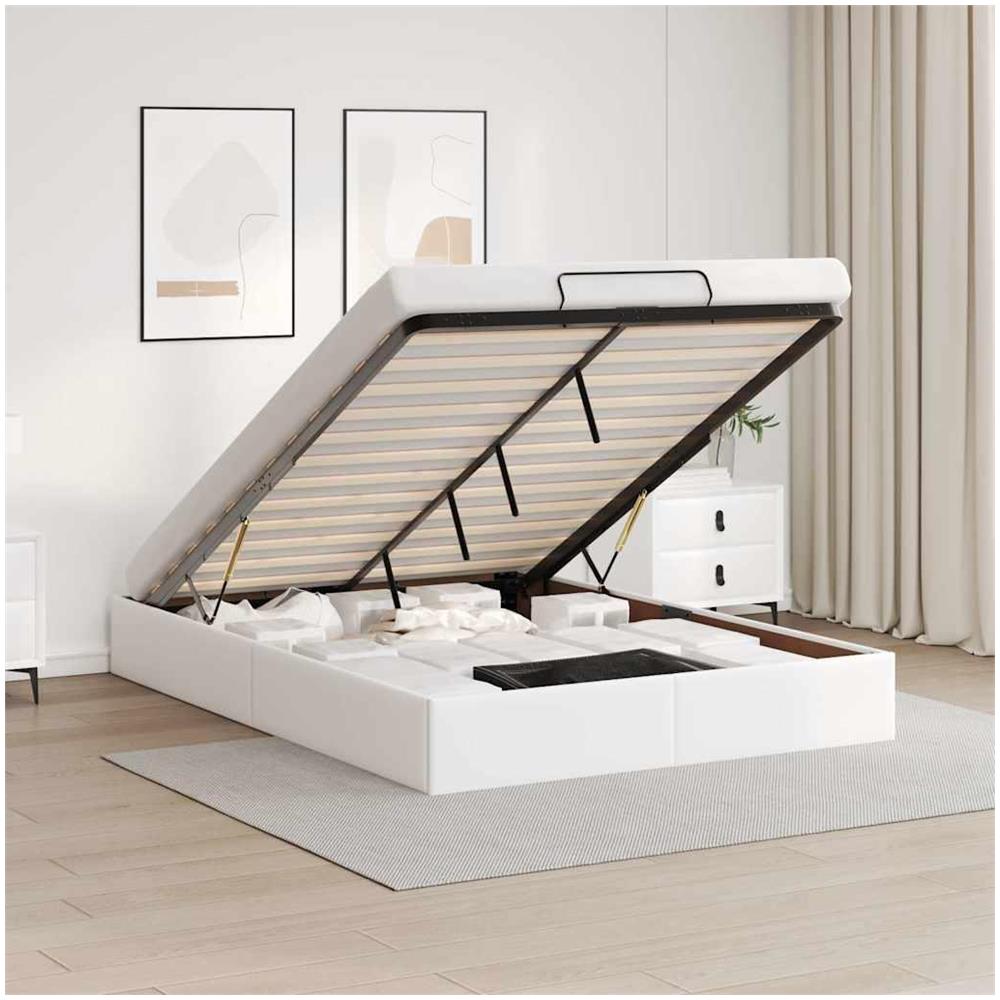 Struttura Letto Pouf con Materasso Bianco 140x190 cm Similpelle - Foto 2