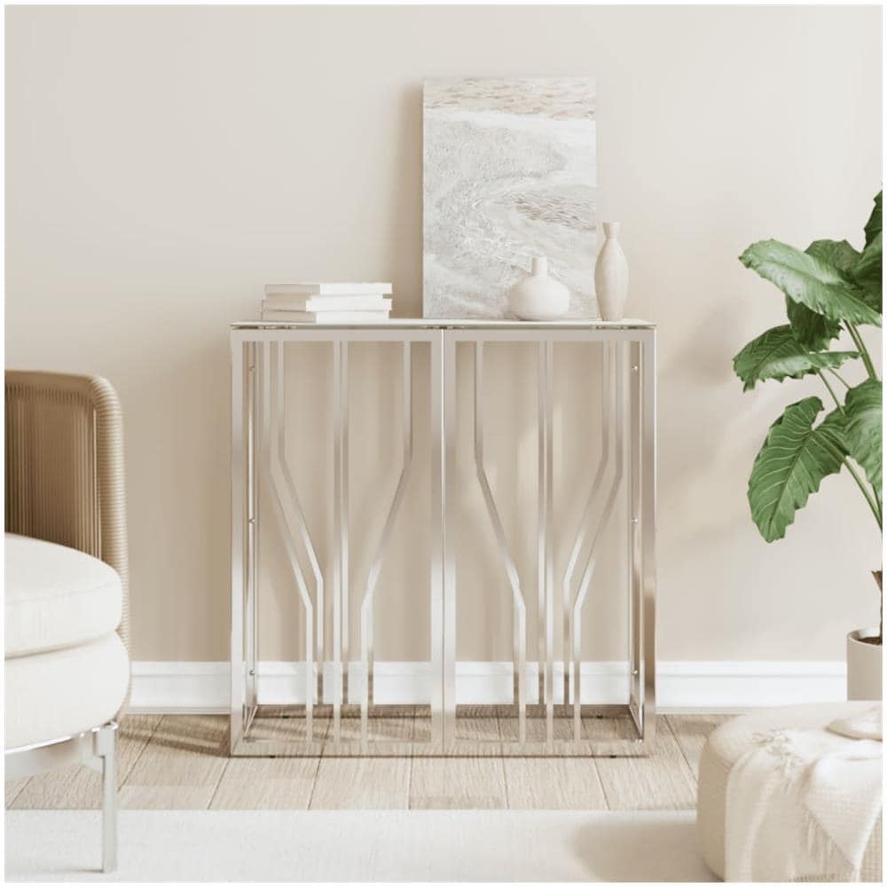 Tavolino Consolle Argento 70x30x70 Cm In Acciaio Inox E Vetro - Foto 1