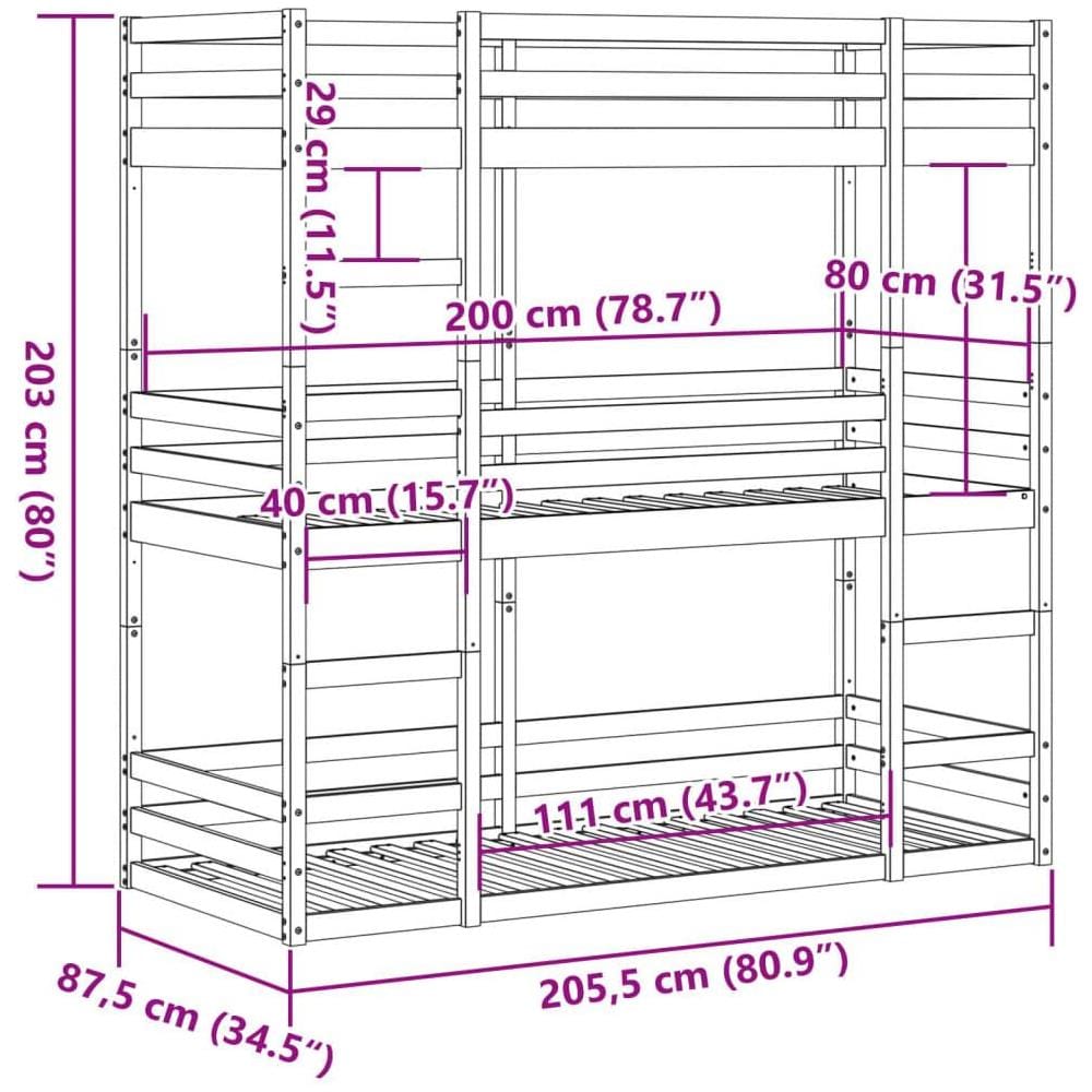 Letto a Castello Triplo 80x200 cm in Legno Massello di Pino - Foto 10