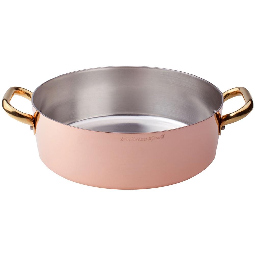 Casseruola Bassa Rame Liscio Stagnato A Mano Con Maniglie In Ottone - Diametro Cm 28 - Altezza Cm 9-capacità Lt 5 - Foto 1