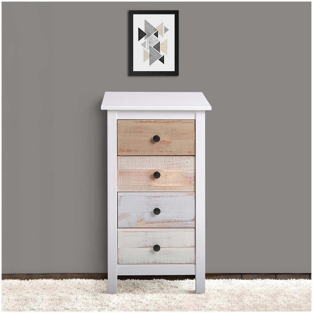Cassettiera Magda Bianco Con 4 Cassetti Di Diversi Colori, Realizzato In Pino Massiccio - Foto 4