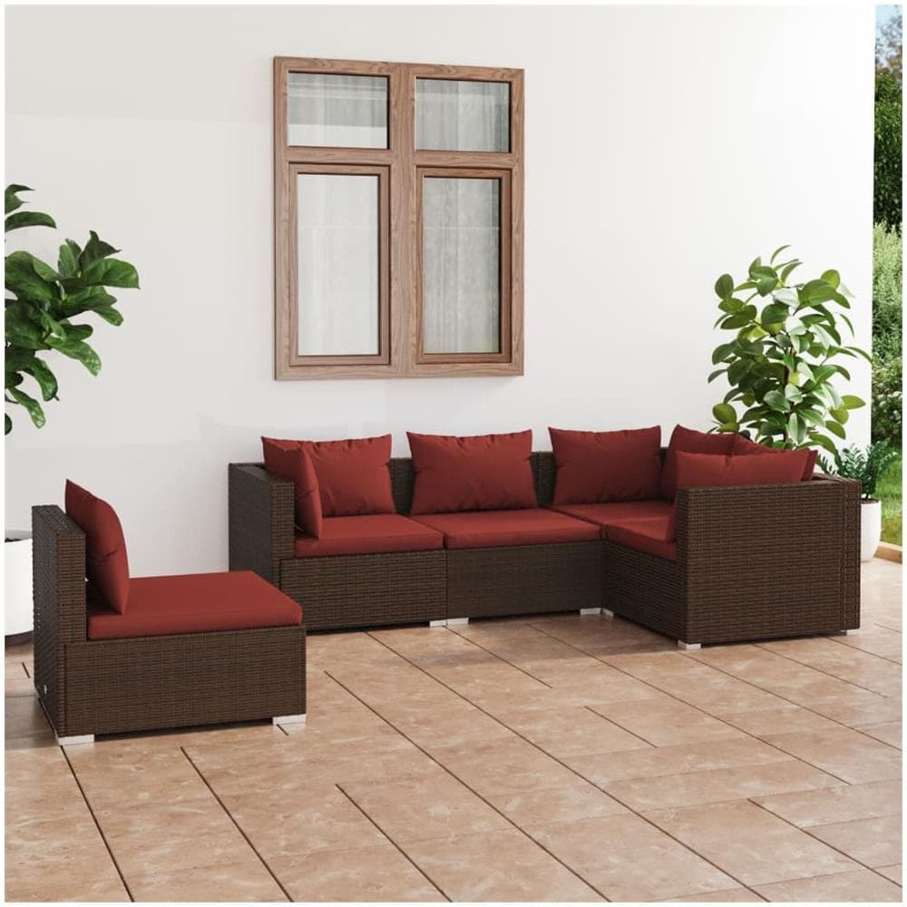 Set Divani Da Giardino 5 Pz Con Cuscini In Poly Rattan Marrone - Foto 1
