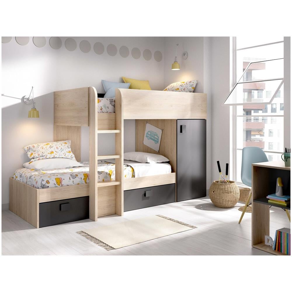 Letto Per Bambini Marmolada, Cameretta Completa Con Armadio E Cassetti, Composizione Letto A Castello Con Due Lettini Singoli, 255x112h150 Cm, Rovere E Antracite - Foto 1