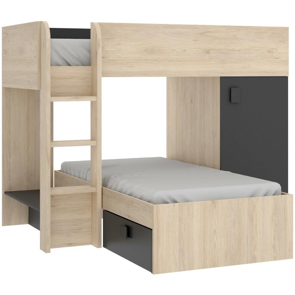 Letto Per Bambini Marmolada, Cameretta Completa Con Armadio E Cassetti, Composizione Letto A Castello Con Due Lettini Singoli, 255x112h150 Cm, Rovere E Antracite - Foto 2