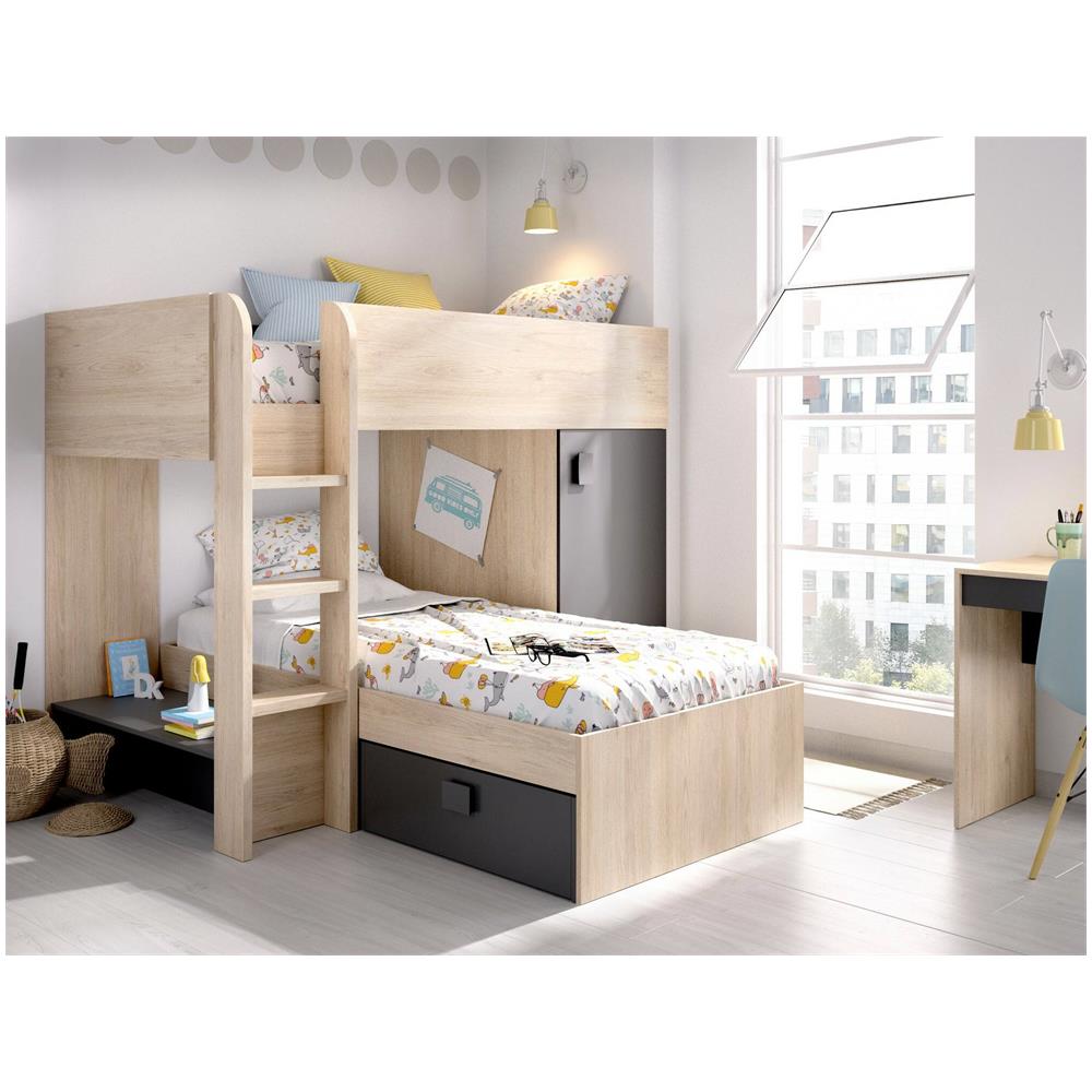 Letto Per Bambini Marmolada, Cameretta Completa Con Armadio E Cassetti, Composizione Letto A Castello Con Due Lettini Singoli, 255x112h150 Cm, Rovere E Antracite - Foto 4