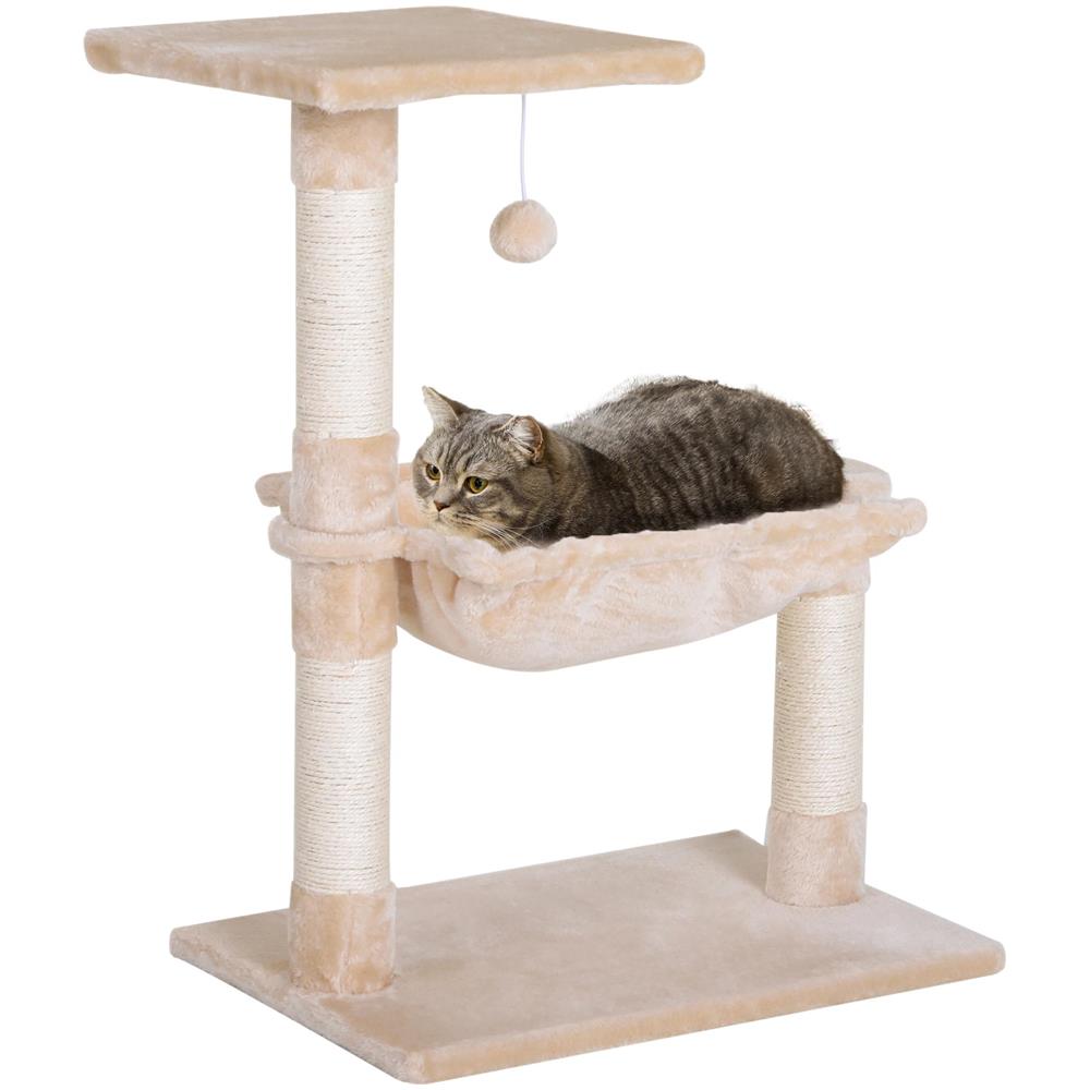 Torre per Gatti max 3.6kg con Amaca e Pallina Appesa, in Legno e Peluche, 50x36x70 cm, Beige - Foto 1