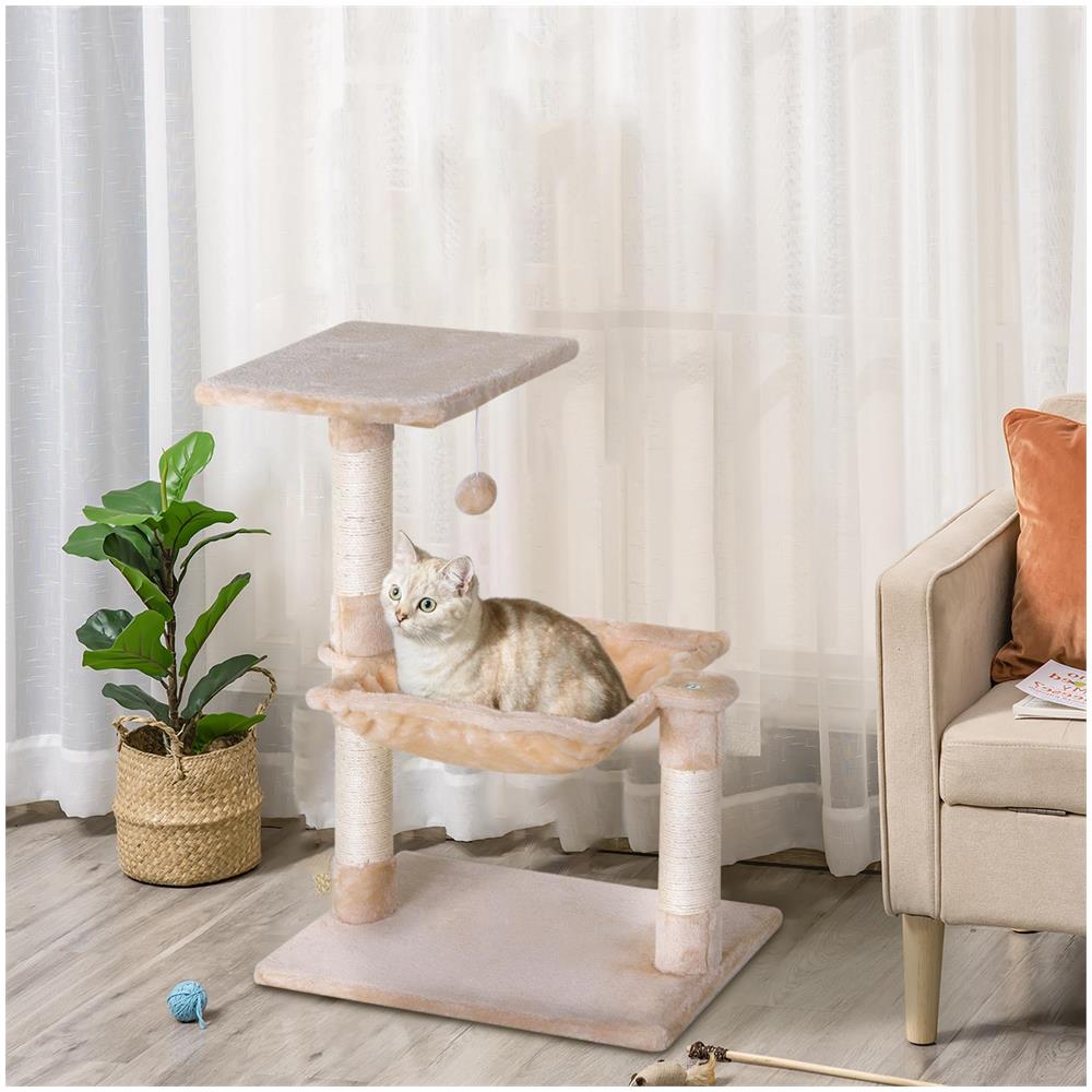Torre per Gatti max 3.6kg con Amaca e Pallina Appesa, in Legno e Peluche, 50x36x70 cm, Beige - Foto 2
