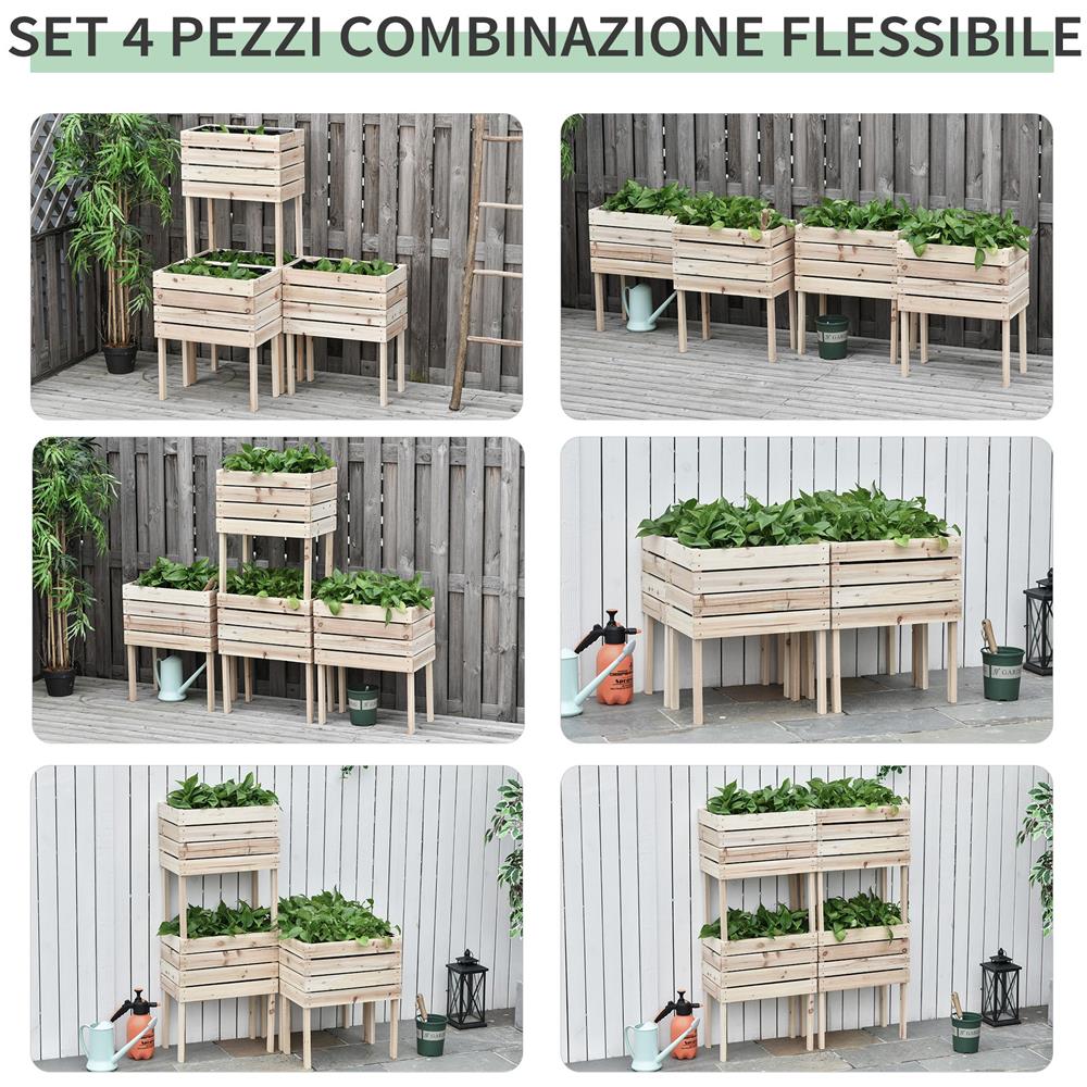 Letto Per Orto Rialzato Con 4 Vasi Portapiante Da 50x30x60cm, Fioriera Da Esterno In Legno Colore Naturale - Foto 2