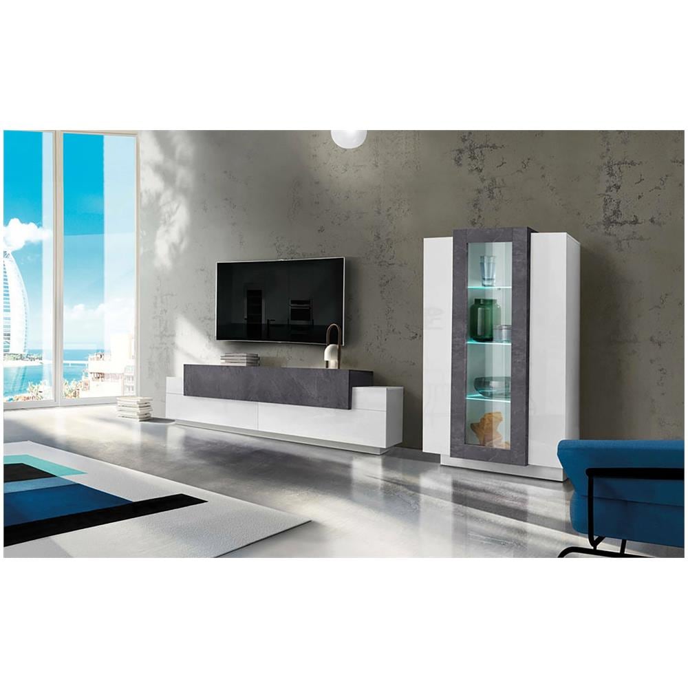 Parete Attrezzata Mirko, Set Salotto Porta Tv, Mobile Soggiorno Multiuso, 100% Made In Italy, Cm 280x45h121, Bianco Lucido E Ardesia - Foto 1