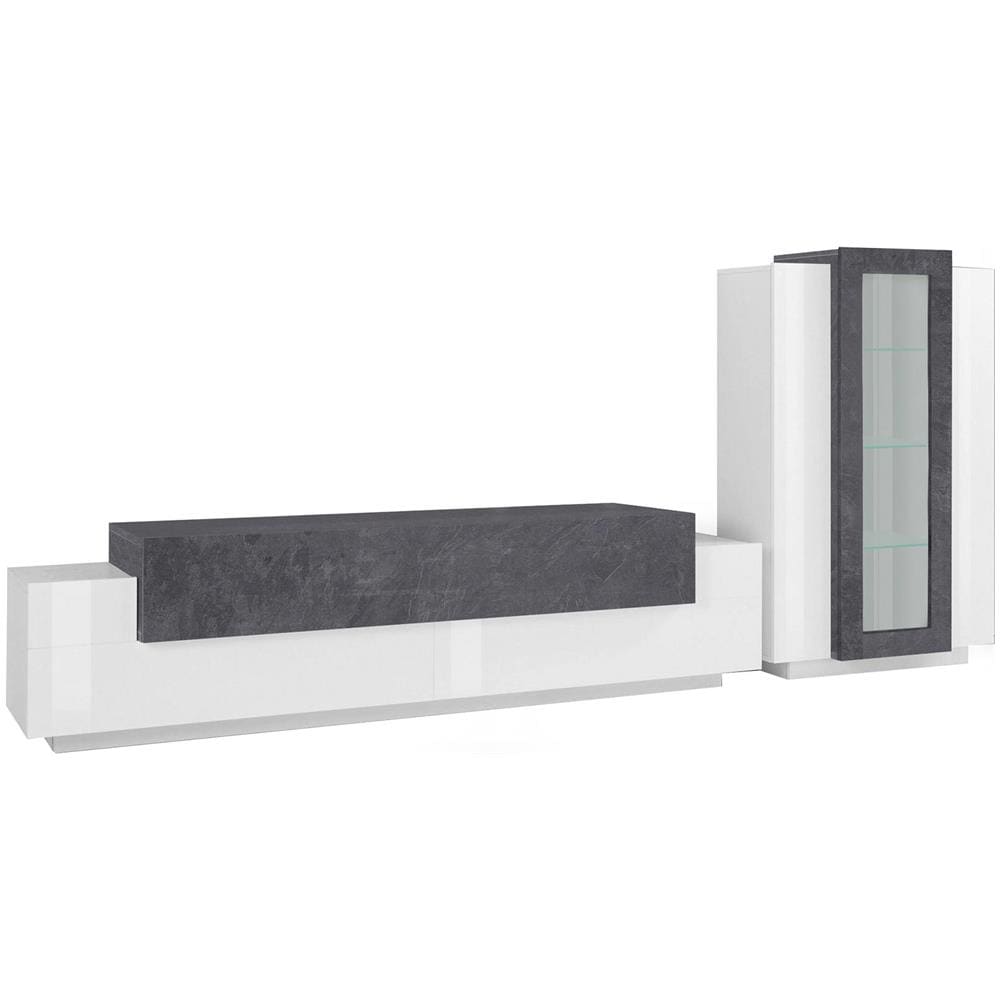 Parete Attrezzata Mirko, Set Salotto Porta Tv, Mobile Soggiorno Multiuso, 100% Made In Italy, Cm 280x45h121, Bianco Lucido E Ardesia - Foto 2